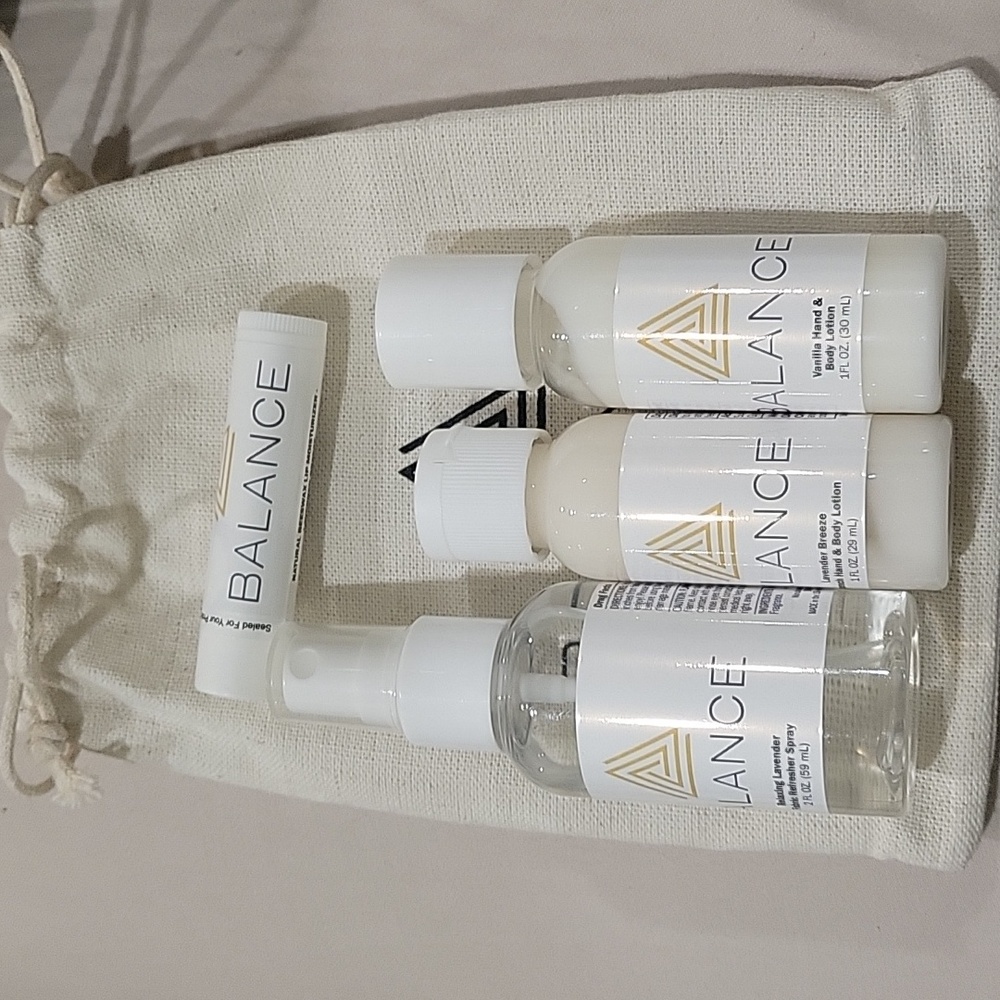 Balance lotion,  fabric refresher and lip moisturizer set